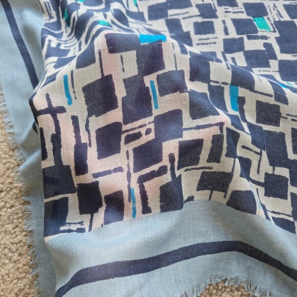 Kinross Silk Cashmere Scarf Blue Squares - Picture 6 of 11